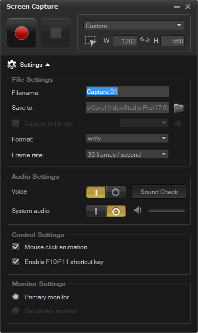 corel videostudio screen capture format